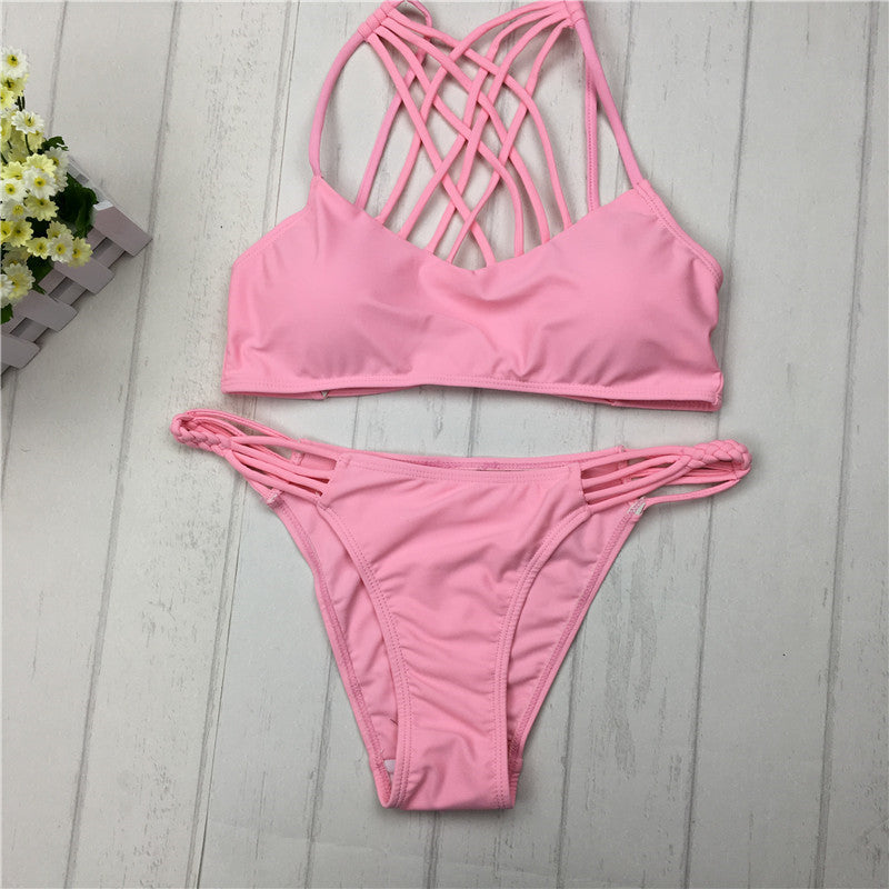 New cut out Bikinis Sexy pink bandage cut out Halter bikini swimsuit women cross Women's swimwear swimming suit