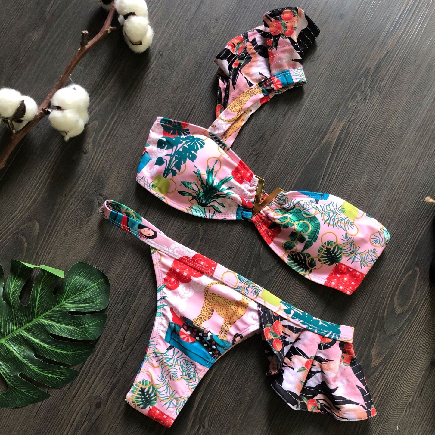 floral jungle Print Bikini Ladies Swimsuit Back Swimwear