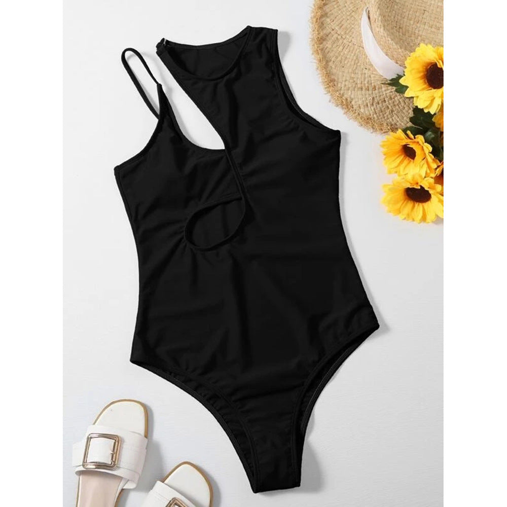 New Style Swimwear Cross-Border Hollow Solid Color One-Piece Swimsuit