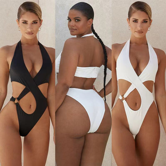 Sexy One-Piece Swimsuit Women's Solid Color Cross Hollow Large Size Bikini Swimwear