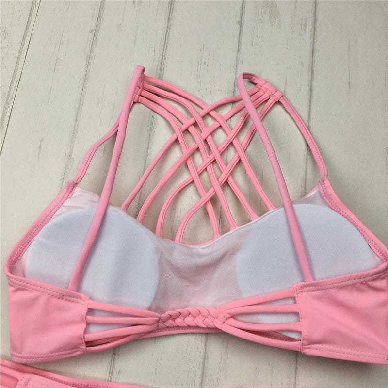 New cut out Bikinis Sexy pink bandage cut out Halter bikini swimsuit women cross Women's swimwear swimming suit